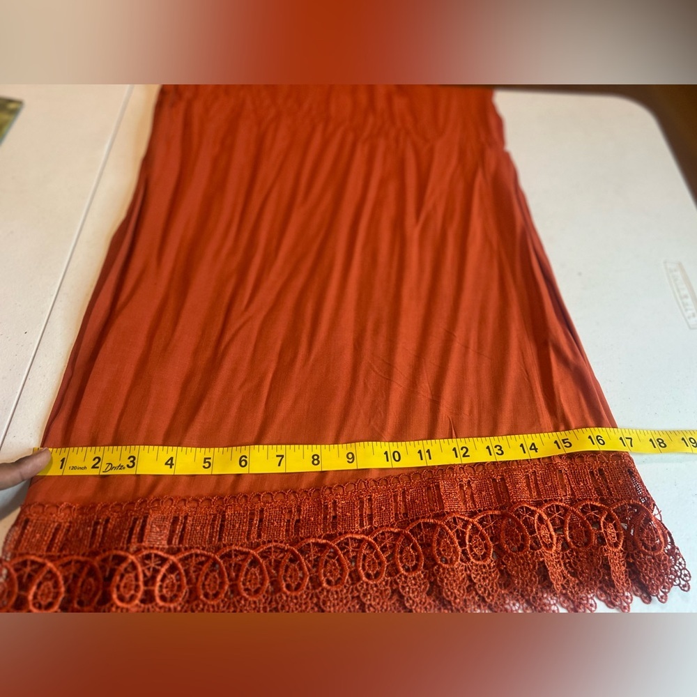 Bohemian Flowy Wide Leg Pants Rust Orange Women’s Size 26-28 Lace Hem pockets - Picture 12 of 12